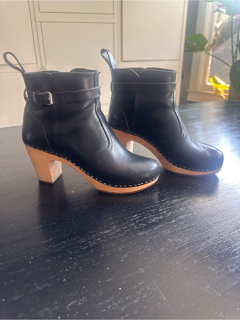Swedish Hasbeens Black Leather Ankle Clog Booties with Natural Wood Heel